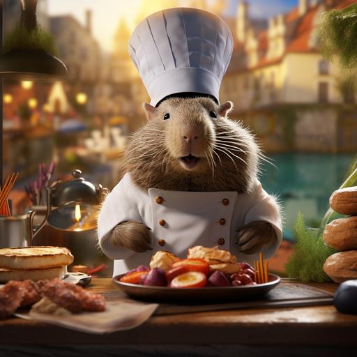 Generate a high-quality, intricately detailed cinematic image that emulates a movie poster for a film titled 'Capivaratouille.' The poster should prominently feature a charming and whimsical cartoon capybara as the main character. The capybara should be shown in a chef's hat and apron, set against a backdrop reminiscent of a bustling and colorful French restaurant kitchen. The image should evoke the same sense of warmth, adventure, and culinary magic as the movie 'Ratatouille.' Ensure the details and composition are of the highest quality, as if it were a promotional poster for a blockbuster animated feature.