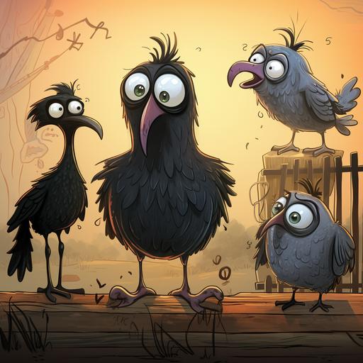 cartoon,Introduction to Rupert black grackle, Sparkle the sparrow, Crunchy the crow, and Peppy the pigeon.