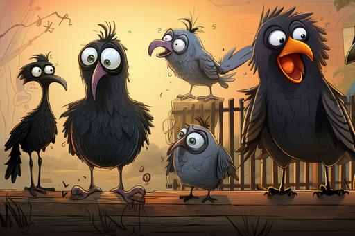 cartoon,Introduction to Rupert black grackle, Sparkle the sparrow, Crunchy the crow, and Peppy the pigeon.