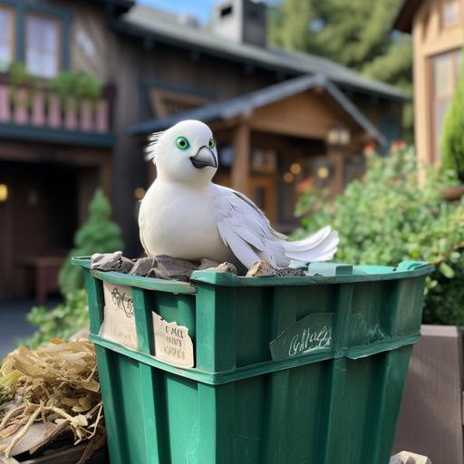 disney cartoon back of restaurant green dumpster, adorable tiny white pigeon