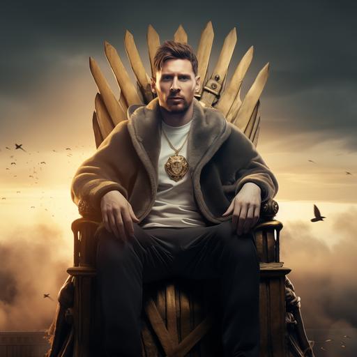 messi football player, sitting on game of throne chair, realstic, wearing crown, sun set, hd