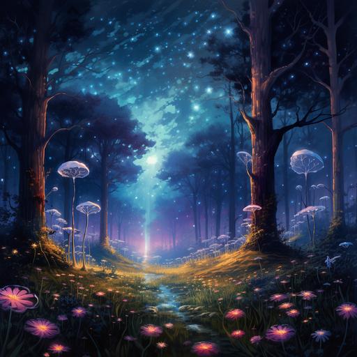 Enveloped in an aura of mystery, the forest grew denser and more enigmatic. They arrived at a large clearing where star-shaped flowers bloomed. At the heart of the clearing lay the enchanting Valley. There, beneath the twinkling sky, stars were born. It was an incredible and wondrous sight to behold