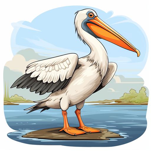 cartoon style picture Pelican - Pelicans are birds with long beaks that help them catch fish. They can also take off and land on water.