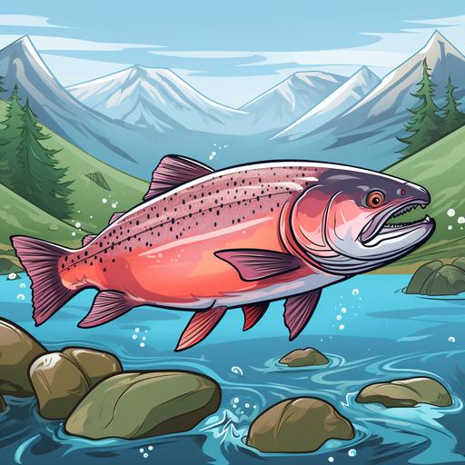cartoon style picture Salmon - Salmon are fish that swim in rivers and oceans. They travel long distances to return to their place of birth.