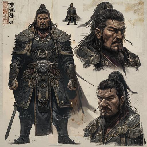 realistic image of genghis khan that expresses dark nature, character sheet, spacing and margins, different expressions, multiple angles, full body ar 1:1