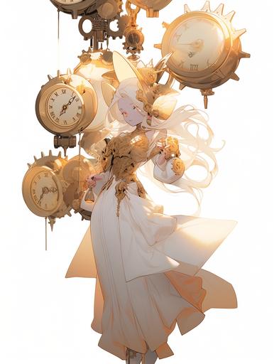 3D, 3D character, disney and pixar style, she as a steampunk female superhero character, time powers, handing a huge golden clock, worried and crazy look, white background, front view and side view --ar 3:4 --niji 5