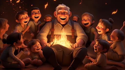 3D Animation, personality: An abuelo surrounded by twelve wide-eyed grandchildren sitting around a crackling bonfire. The shadows of the fire dancing on their faces, reflecting a mix of eagerness and anticipation. unreal engine, hyper real --v 5.2 --ar 16:9