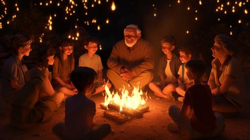 3D Animation, personality: An abuelo surrounded by twelve wide-eyed grandchildren sitting around a crackling bonfire. The shadows of the fire dancing on their faces, reflecting a mix of eagerness and anticipation. unreal engine, hyper real --v 5.2 --ar 16:9