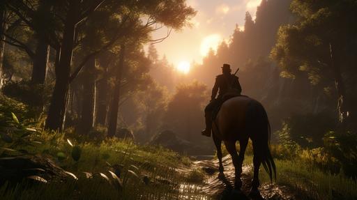 3D Animation, personality: Farmer riding his faithful steed through a vibrant and lush forest at dawn, the golden sun casting long shadows through the trees. A look of determination on his face as he embarks on his journey. unreal engine, hyper real --v 5.2 --ar 16:9
