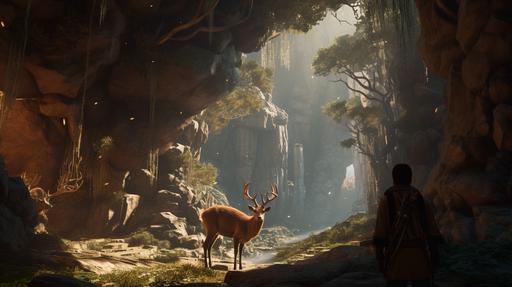 3D Animation, personality: Natividad on foot, bow in hand, following a herd of deer towards a hidden cavern. His face showing a blend of focus and awe as he discovers the entrance to the mysterious city. unreal engine, hyper real --v 5.2 --ar 16:9