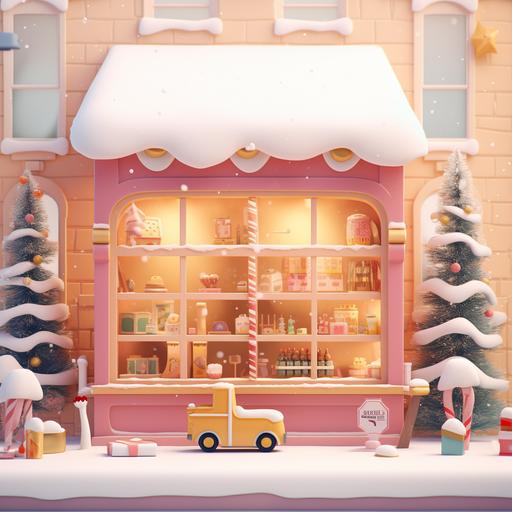 3D Blender, front view of a pink and yellow vintage toy store, a christmas tree and some presents can be seen in the shop window, toys are placed on shelves, snow is falling outside, simple style