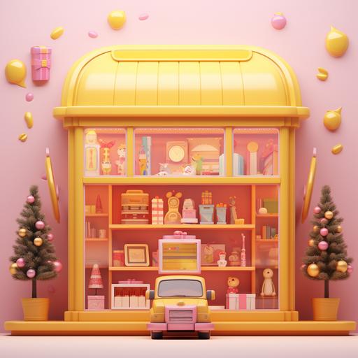 3D Blender, front view of a pink and yellow vintage toy store, a christmas tree and some presents can be seen in the shop window, toys are placed on shelves, simple style
