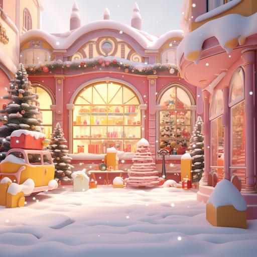 3D Blender, front view of a pink and yellow vintage toy store, a christmas tree and some presents can be seen in the shop window, toys are placed on shelves, snow is falling outside, simple style