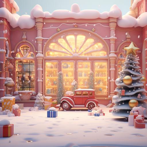 3D Blender, front view of a pink and yellow vintage toy store, a christmas tree and some presents can be seen in the shop window, toys are placed on shelves, snow is falling outside, simple style