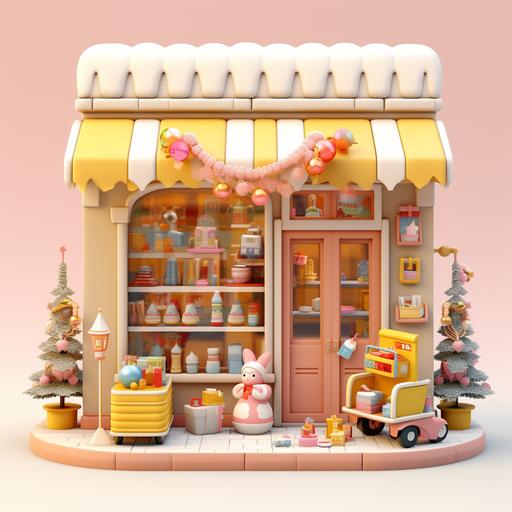 3D Blender, front view of a pink and yellow vintage toy store, a christmas tree and some presents can be seen in the shop window, toys are placed on shelves, snow is falling outside, simple style