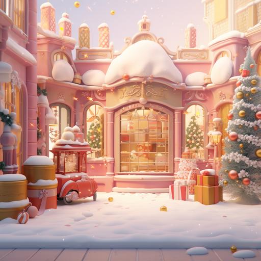 3D Blender, front view of a pink and yellow vintage toy store, a christmas tree and some presents can be seen in the shop window, toys are placed on shelves, snow is falling outside, simple style