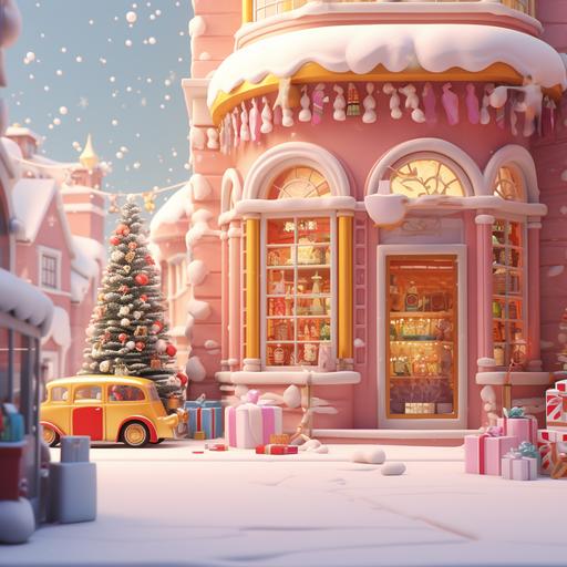 3D Blender, front view of a pink and yellow vintage toy store, a christmas tree and some presents can be seen in the shop window, toys are placed on shelves, snow is falling outside, simple style