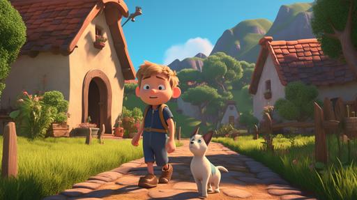 3D animated , a boy named Timmy with a pet dog, a pet cat, and a pet hamster has a charming smile, animated character in a quaint village with thatched-roof houses surrounded lush, green rolling hills under a bring blue sky, illustration, 3D animated, Pixar, animated movie --v 5.0 --ar 16:9