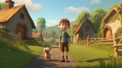 3D animated , a boy named Timmy with a pet dog, a pet cat, and a pet hamster has a charming smile, animated character in a quaint village with thatched-roof houses surrounded lush, green rolling hills under a bring blue sky, illustration, 3D animated, Pixar, animated movie --v 5.0 --ar 16:9