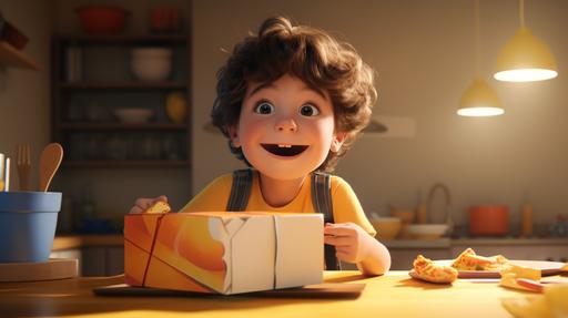 3D animation, personality: [Illustrate a close-up shot of the little boy packing his lunch. Show him carefully placing a slice of cake and a carton of orange juice into a small bag. Capture the excitement and anticipation on his face as he prepares for his expedition to meet God.] unreal engine, hyper real --v 5.2 --ar 16:9