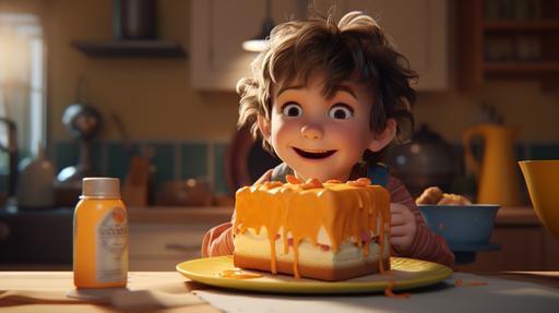 3D animation, personality: [Illustrate a close-up shot of the little boy packing his lunch. Show him carefully placing a slice of cake and a carton of orange juice into a small bag. Capture the excitement and anticipation on his face as he prepares for his expedition to meet God.] unreal engine, hyper real --v 5.2 --ar 16:9
