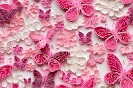 3D butterflies, layered forms, paper quilling pattern, hot pink, light pink and white --tile --ar 3:2