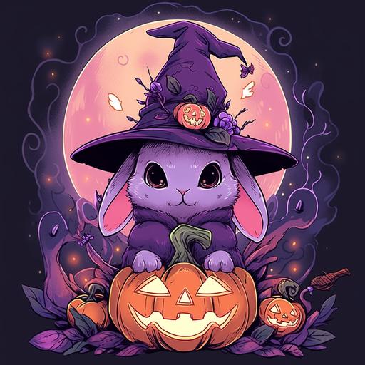 3D cartoon bunny rabbit in purple witch hat with jack o lantern pumpkins, t-shirt vector contour --niji