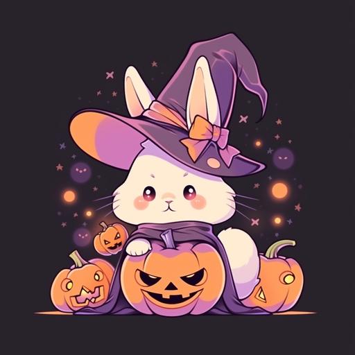 3D cartoon bunny rabbit in purple witch hat with jack o lantern pumpkins, t-shirt vector contour --niji
