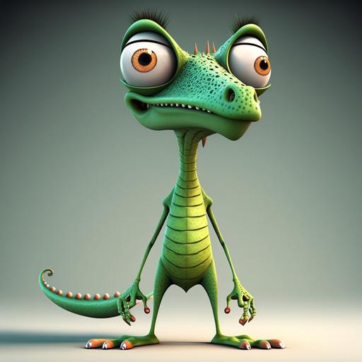 3D cartoon character, stylized and funny, humanoid lizard, thin body, big head