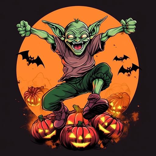 3D cartoon goblin jumping around with maniacal grin, jack o lantern pumpkins, t-shirt vector contour --niji