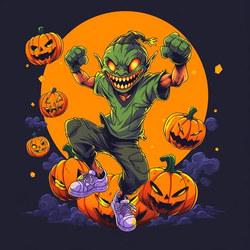 3D cartoon goblin jumping around with maniacal grin, jack o lantern pumpkins, t-shirt vector contour --niji