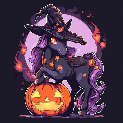3D cartoon horse dressed as witch with jack o lantern pumpkins, t-shirt vector contour --niji