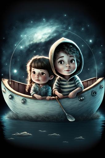3D cartoon looking night sky a beautiful round face cute girl and ahandsome boy in the small boat --v 4 --ar 2:3
