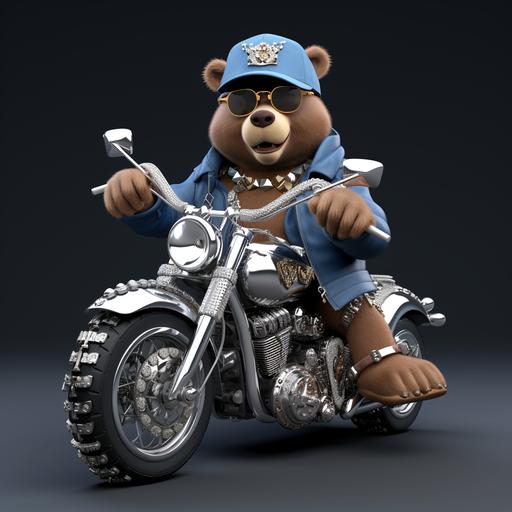 3D cartoon of a brown bear with shiny silver jewelry, silver grills and diamond hiphop necklace , big happy shiny teeth, pink hat with silver boots and a denim blue jean jacket, hip hop diamond chains around 