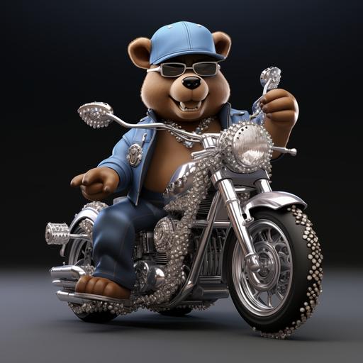 3D cartoon of a brown bear with shiny silver jewelry, silver grills and diamond hiphop necklace , big happy shiny teeth, pink hat with silver boots and a denim blue jean jacket, hip hop diamond chains around 