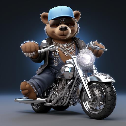 3D cartoon of a brown bear with shiny silver jewelry, silver grills and diamond hiphop necklace , big happy shiny teeth, pink hat with silver boots and a denim blue jean jacket, hip hop diamond chains around 