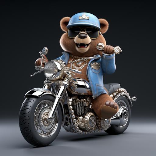 3D cartoon of a brown bear with shiny silver jewelry, silver grills and diamond hiphop necklace , big happy shiny teeth, pink hat with silver boots and a denim blue jean jacket, hip hop diamond chains around 