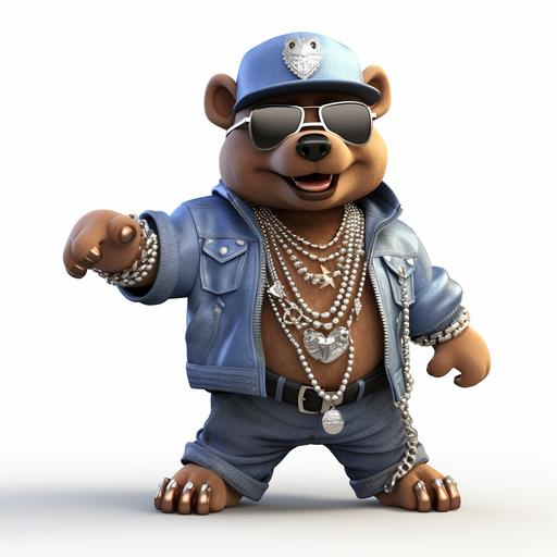 3D cartoon of a brown bear with shiny silver jewelry, silver grills and diamond hiphop necklace , big happy shiny teeth, pink hat with silver boots and a denim blue jean jacket, hip hop diamond chains around 