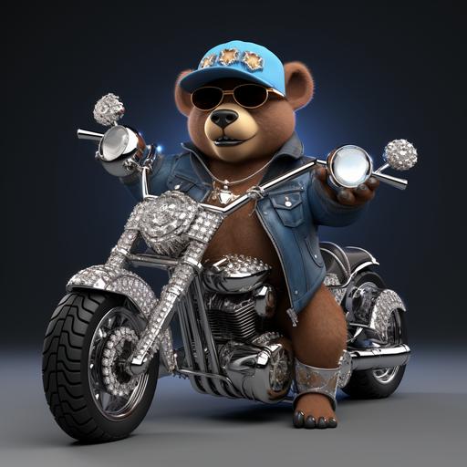 3D cartoon of a brown bear with shiny silver jewelry, silver grills and diamond hiphop necklace , big happy shiny teeth, pink hat with silver boots and a denim blue jean jacket, hip hop diamond chains around 