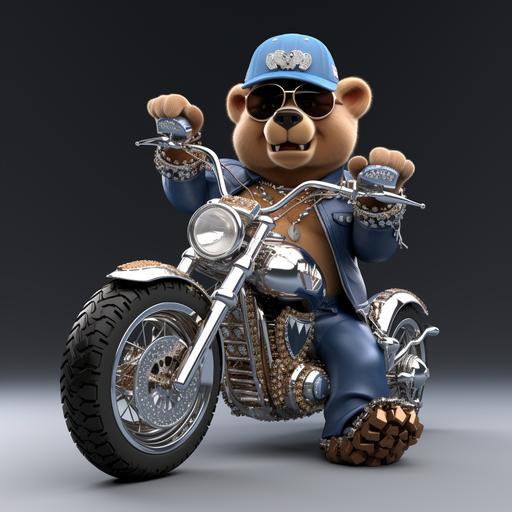 3D cartoon of a brown bear with shiny silver jewelry, silver grills and diamond hiphop necklace , big happy shiny teeth, pink hat with silver boots and a denim blue jean jacket, hip hop diamond chains around 