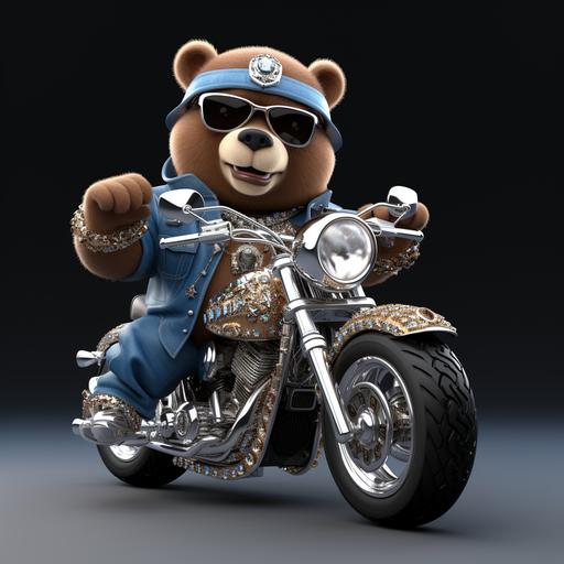 3D cartoon of a brown bear with shiny silver jewelry, silver grills and diamond hiphop necklace , big happy shiny teeth, pink hat with silver boots and a denim blue jean jacket, hip hop diamond chains around 