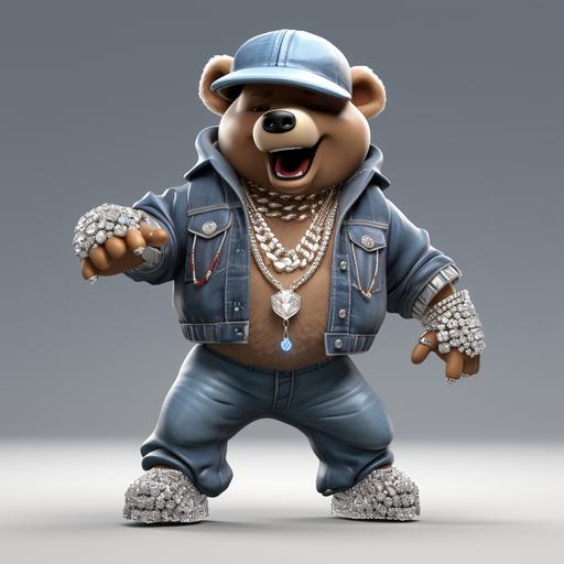 3D cartoon of a brown bear with shiny silver jewelry, silver grills and diamond hiphop necklace , big happy shiny teeth, pink hat with silver boots and a denim blue jean jacket, hip hop diamond chains around 