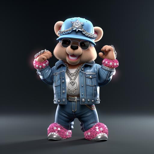 3D cartoon of bear with shiny silver jewelry and diamond hiphop necklace , big happy shiny teeth, pink hat with cowgirl boots and a denim blue jean jacket, hip hop diamond chains around 