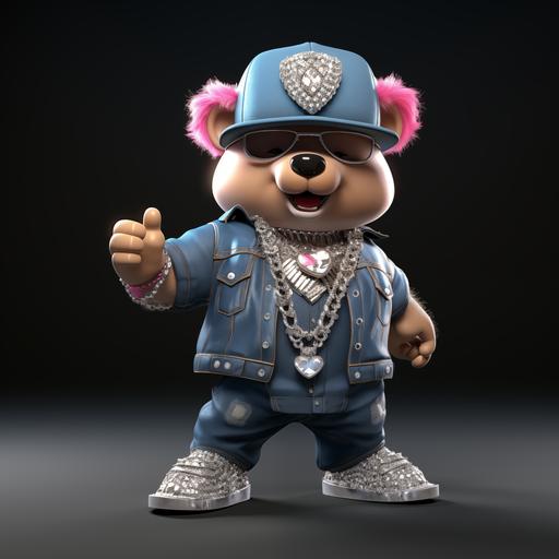 3D cartoon of bear with shiny silver jewelry and diamond hiphop necklace , big happy shiny teeth, pink hat with cowgirl boots and a denim blue jean jacket, hip hop diamond chains around 