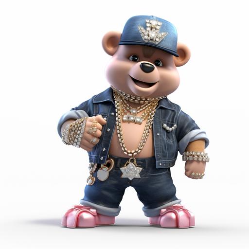 3D cartoon of bear with shiny silver jewelry and diamond hiphop necklace , big happy shiny teeth, pink hat with cowgirl boots and a denim blue jean jacket, hip hop diamond chains around 