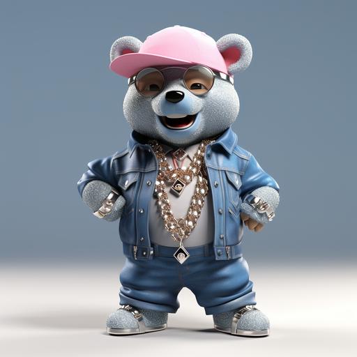 3D cartoon of bear with shiny silver jewelry and diamond hiphop necklace , big happy shiny teeth, pink hat with cowgirl boots and a denim blue jean jacket, hip hop diamond chains around 