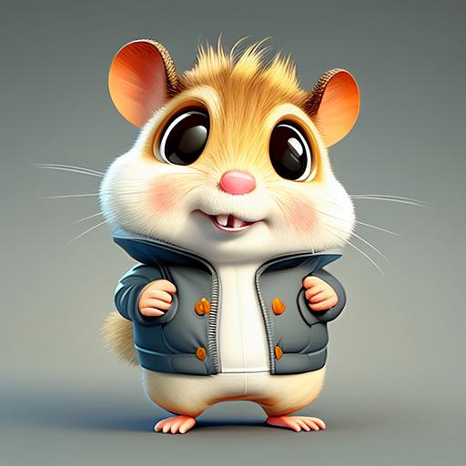 3D cartoon, realistic hamster, nervous, crazy, funny, smiling, big eyes, smile, cmyk, in clothes, vector graphics