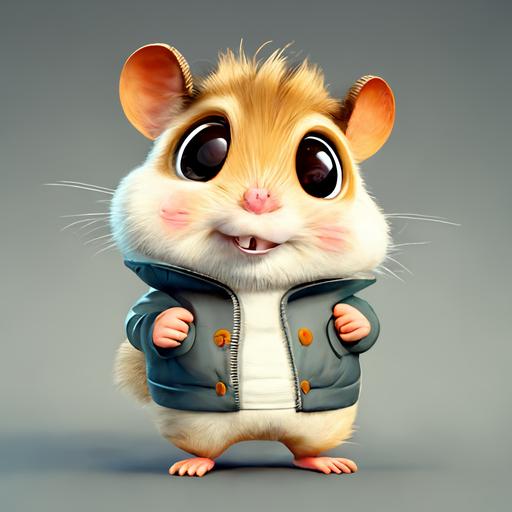 3D cartoon, realistic hamster, nervous, crazy, funny, smiling, big eyes, smile, cmyk, in clothes, vector graphics