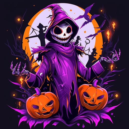 3D cartoon skeleton in purple witch with jack o lantern pumpkins, t-shirt vector contour --niji