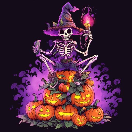3D cartoon skeleton in purple witch with jack o lantern pumpkins, t-shirt vector contour --niji